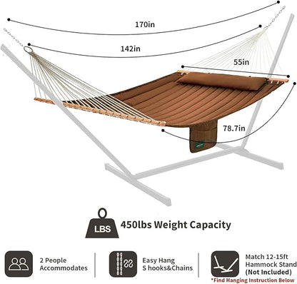 Double Quilted Fabric Hammock with Hardwood Spreader Bars and Pillow 450 LBS Capacity 2 Person Large Hammock for Outdoor Patio Backyard Poolside - Brown