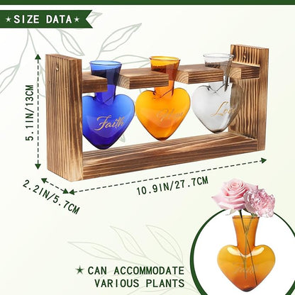 Plant Terrarium Propagation Stations Faith Hope Love Hydroponics Home Garden Decoration Gift for Women with Wooden Stand Heart Shaped Colored Glass Vase