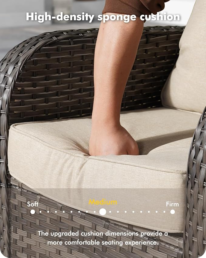 5 Pieces Patio Furniture Set,Outdoor Furniture with Rockers, Rattan Conversation Sets w/Coffee Table, Grey Wicker Light Beige Cushion