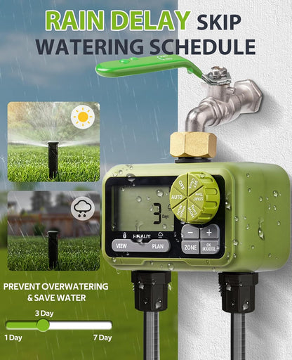 HIRALIY Sprinkler Timer, Water Timer for Garden Hose 2 Zone, Programmable for Watering, Automatic Irrigation System for Yard Lawn, Brass Connector, IP65 Waterproof
