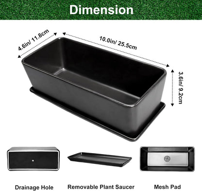 SQOWL Rectangle Planter - 10 Inch Ceramic Plant Pots with Drainage Hole and Saucer, Rectangular Succulent Planters for Indoor Plants, Flower Cactus Herb Pots Outdoor, Room Decor, Garden Gifts, Black