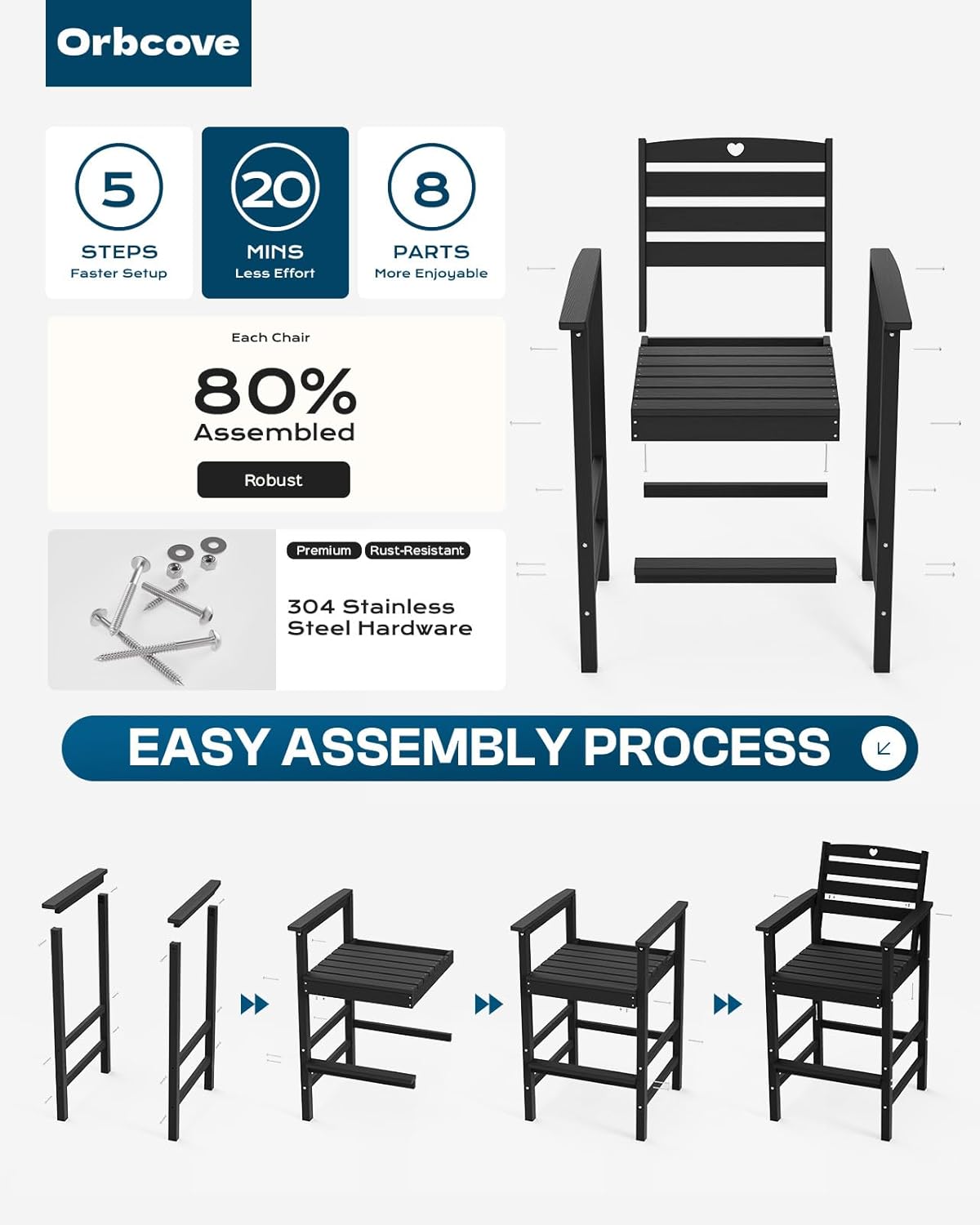 Tall Adirondack Chairs Set of 2, HDPE Wood Balcony Adirondack Chairs Set with Heart Cutout Design, Weather-Resistant Bar Height Furniture for Deck, Porch, Pool (Black)