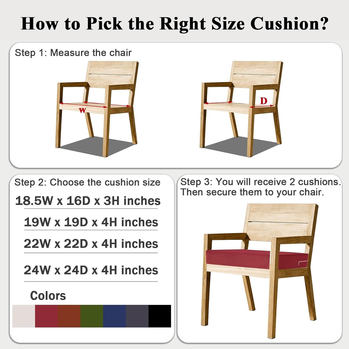 Outdoor Chair Cushions Set of 2 for Patio Furniture 24x24x4 Inch Waterproof Patio Chair Cushion 3 Year Color Fastness Square Elastic Foam Garden Couch Pads with Ties and Handle,Red