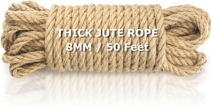 Vanhench Jute String Rope 8mm x 50 Feet, Heavy Duty and Thick Twine Rope for Crafts Projects, Gardening, Bundling, Cat Scratcher Scratching Post Tree Gift Wrapping Arts & Crafts Christmas Decoration