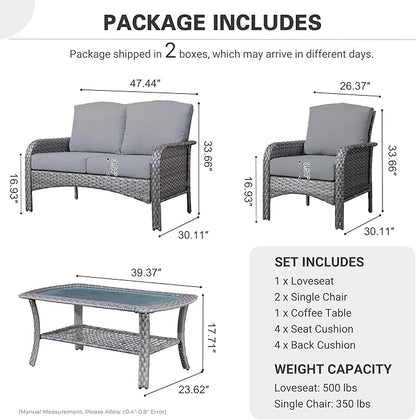 ovios 4 Pieces Patio Furniture Set, Outdoor Wicker Sofa with Coffee Table, Chairs, All Weather High Back Rattan Loveseat Couch with Comfy Cushions, Dark Grey