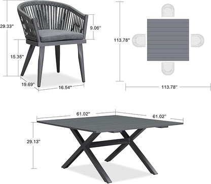PURPLE LEAF 5 Pieces Oversized Square Outdoor Dining Set with Patio Aluminium Dining Table and Wicker Chairs Modern Furniture Cushions Sets for Backyard Indoor Decor Kitchen Gray