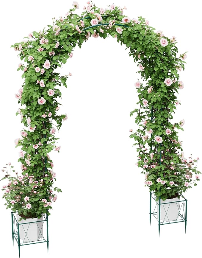 Garden Arch Trellis for Climbing Plants, 8.2 Ft Metal Pergola Arbor with Planter Boxes Outdoor Archway Wedding Arch Backdrop Stand for Halloween Christmas Birthday Party Baby Shower Decoration, Green