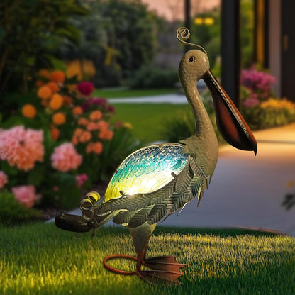 HONGLAND Solar Metal Pelican Statues Garden Sculpture & Statues, 19 Inch Glass Outdoor Pelican Yard Art Coastal Ocean Bird Decor Lawn Ornament for Backyard Porch Patio Decor（Blue-Green）