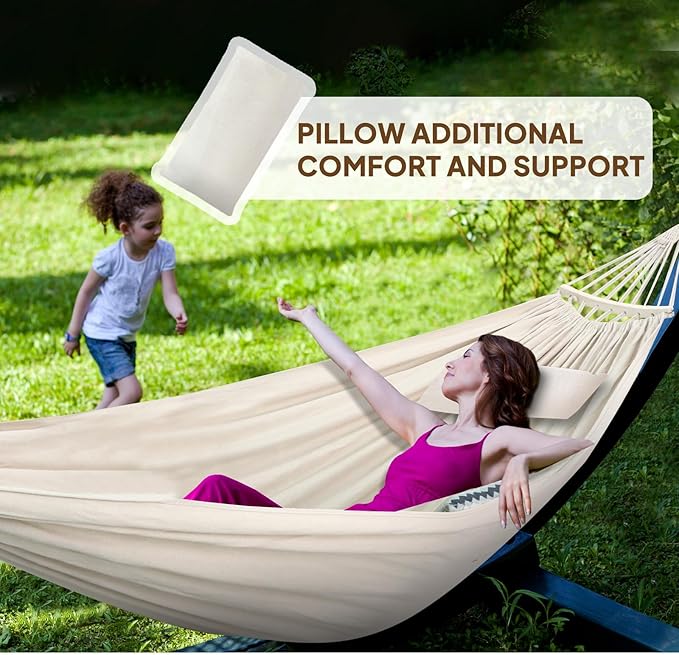 Chihee Cotton Hammock Large Soft Breathable Camping Hammock Holds Up to 660lbs Portable Tree Hammocks with Detachable Spreader Bar Pillow 2 Strong Webbings 2 Carabiners Patio Garden Indoor Outdoor