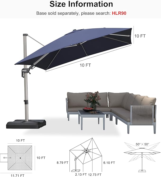 PURPLE LEAF 10' X 10' Left-right Tilting Patio Umbrella Outdoor Swivel Cantilever Umbrella Aluminum Offset Umbrella with Champagne Frame and 360-degree Rotation for Garden Deck Pool, Navy Blue