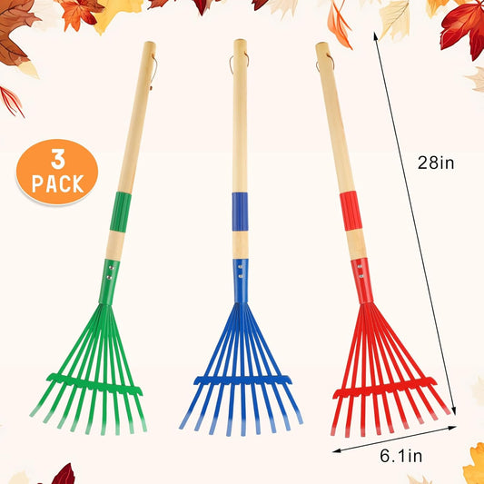 3Pcs Kids Rakes with Hardwood Handle - Metal Kids Leaves Rakes, 28" Child Size Lawn Rakes, Garden Tool Set for Kids Boys and Girls