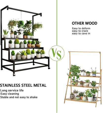 3 Tier Large Metal Plant Stand, with Hanging Tall Plant pot shelf, with Rollers Heavy Duty Plant Holder, for Home/Garden/living room/balcony (BLACK, 47IN)