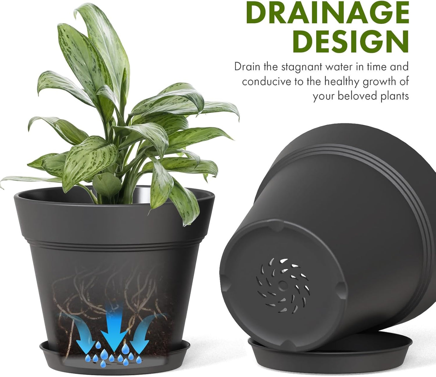 7 Inch Thick Plastic Plant Pots with Drainage Holes and Trays – 6 Pack Nursery Pots for Indoor & Outdoor House Plants, Seedling Starter Planters for Garden Flowers, Matte Black