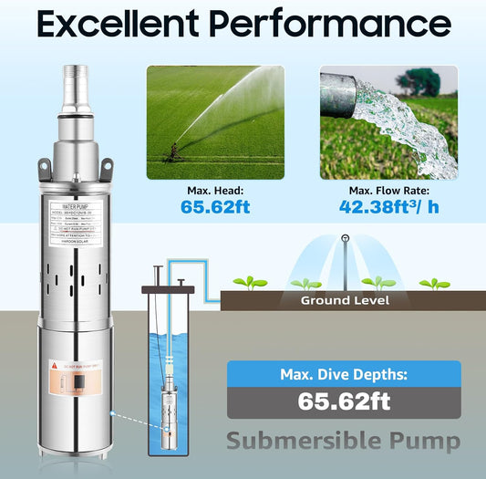 Deep Well Submersible Pump, DC 12V 180W Electric Solar Powered Water Pump 1.2m3/h Max Head 65.62ft Stainless Steel High Pressure Water Well Pump for Well, Tank Filling Farm (12V 180W)