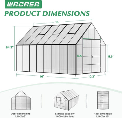 10'x10'x16' Snap-Together Greenhouse - Easy 3-Way Connectors, Heavy-Duty Aluminum Frame, Wind/Snow Resistant for Gardening/Urban Farming, Includes Sliding Door & Ventilation Windows