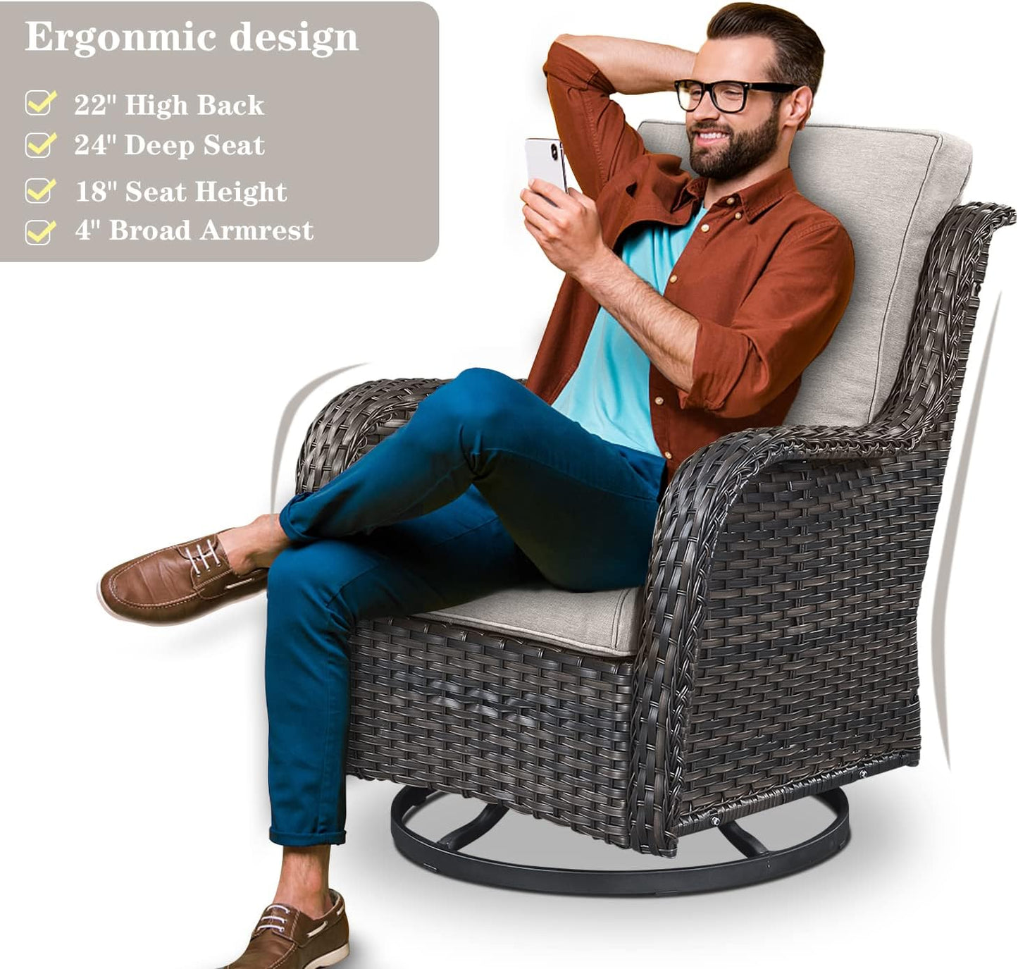 Wicker Patio Furniture Sets - 8 Piece Outdoor Rattan Furniture Conversation Sets with 4 Swivel Rocker Chairs, Rattan Sofa, Wicker Ottomans and Coffee Table, Brown/Beige