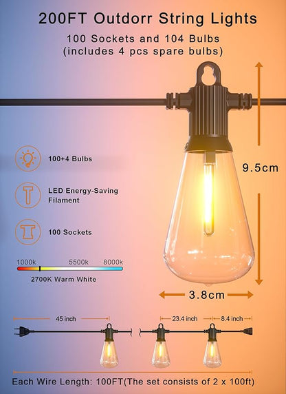 Outdoor String Lights, 200FT Patio Lights with 100 Shatterproof ST38 Globe Bulbs(4 Spare), Waterproof Connectable Dimmable LED Hanging String Lights for Outside Backyard Porch Balcony(100FT x 2)