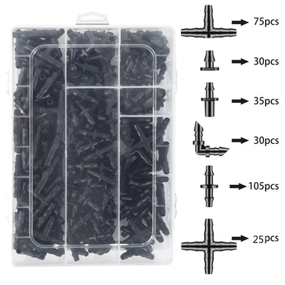 300 Pcs Barbed Connectors Drip Irrigation Fittings Kit, 1/4" Drip Irrigation Kit for Garden Flower Pot Greenhouse Lawn (Straight Barbs,Single Barbs,Tees,Elbows,End Plug,4-Way Coupling)