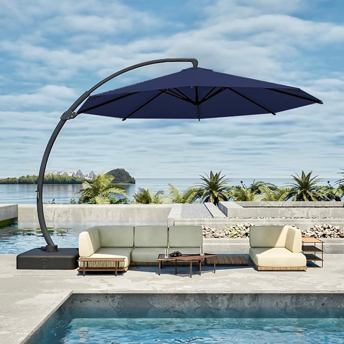 11FT Cantilever Umbrella with Base Large Curvy Outdoor Aluminum Offset Umbrella w/ 360° Rotation, UV Resistant Canopy for Patio, Garden, Backyard, Navy Blue