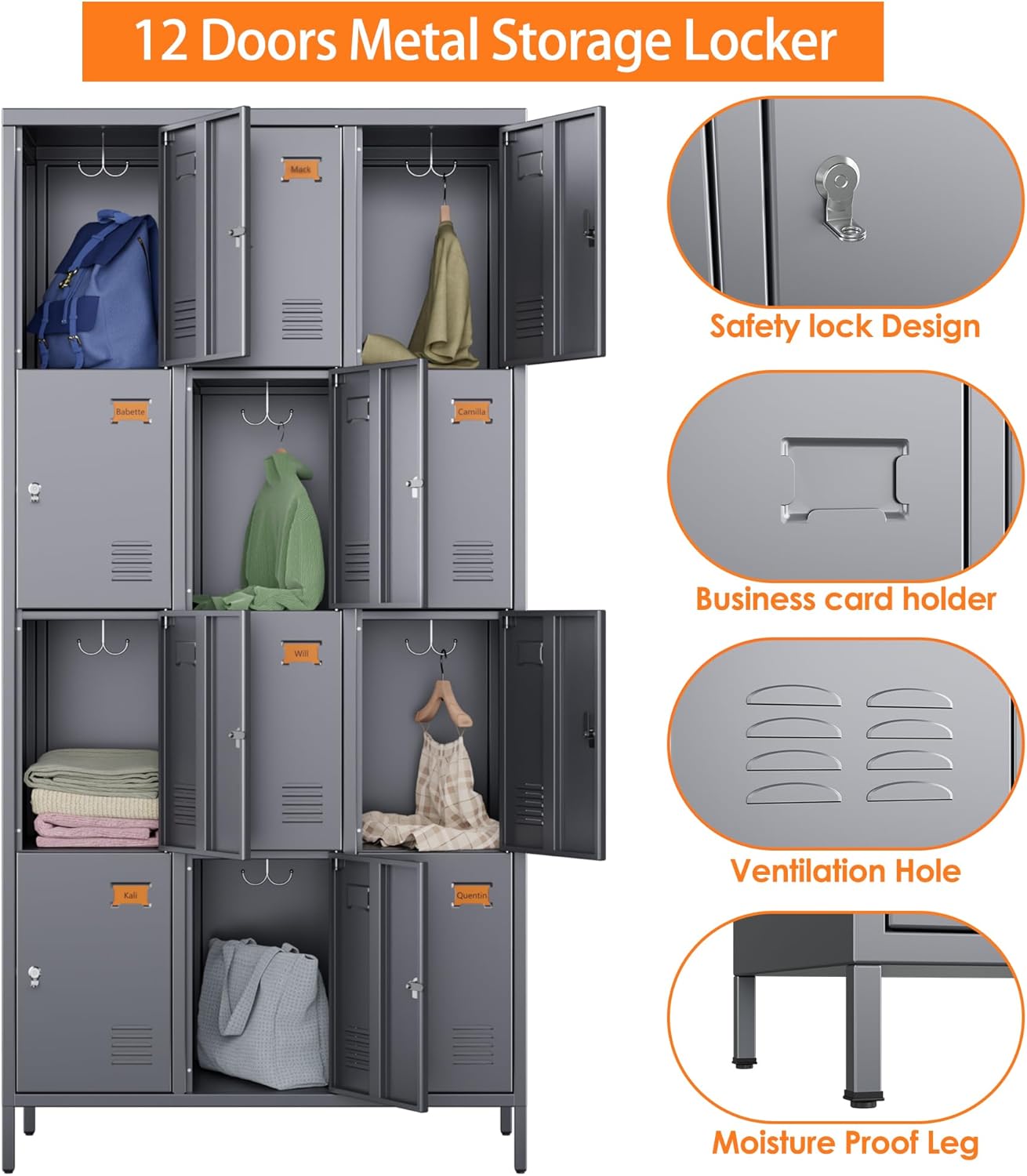 12 Doors Metal Lockers for Employees with 12 Hooks, Storage Locker with Business Card Holder for Office Gym School Bedroom, Assembly Required, Dark Gray