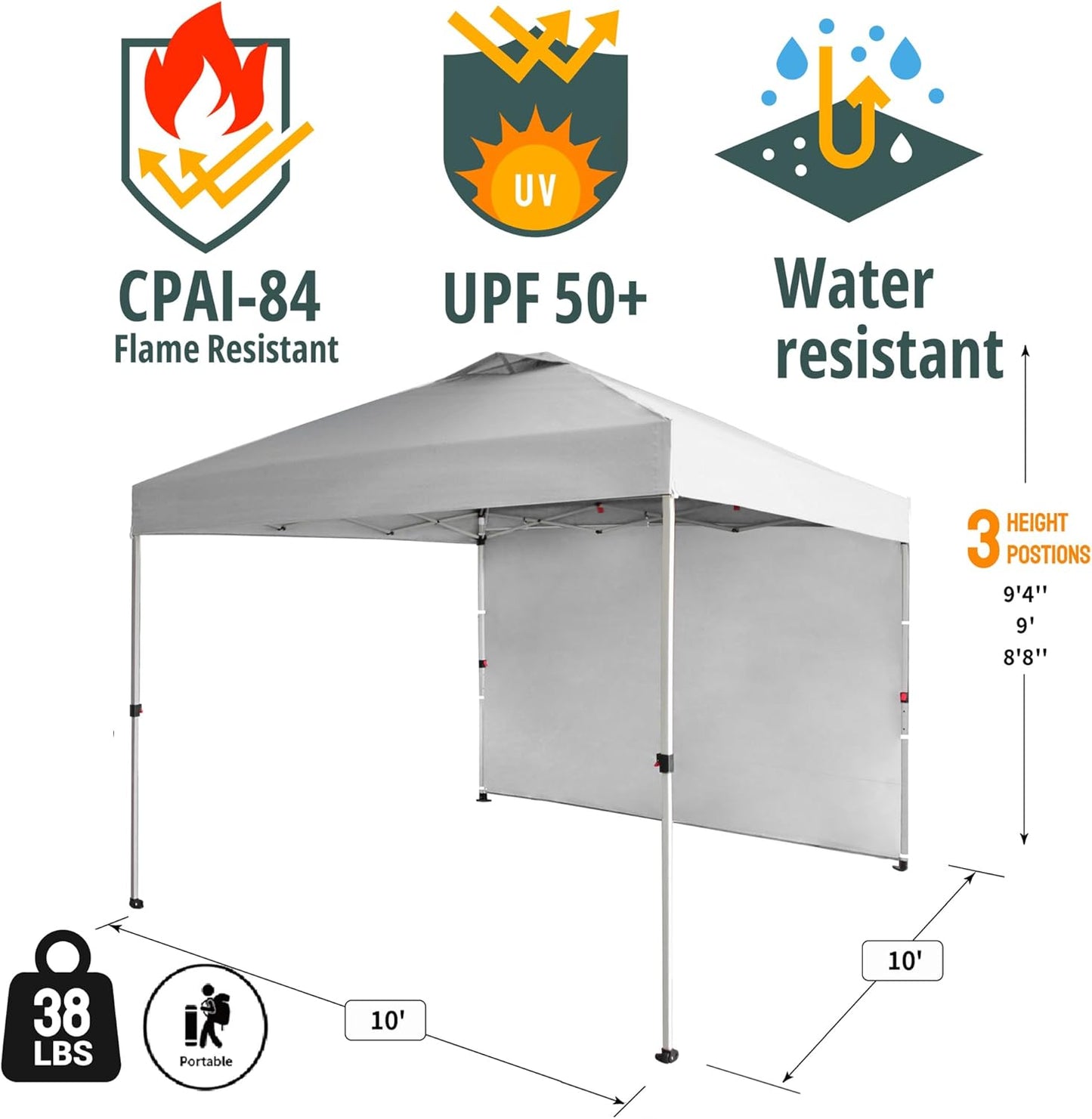 CROWN SHADES 10x10 Pop Up Canopy with 1 Side Wall - Beach Tent with One Push Setup - Outdoor Sun Shade for Events, Parties, Camping - Gazebo with STO-N-Go Cover Bag (White)
