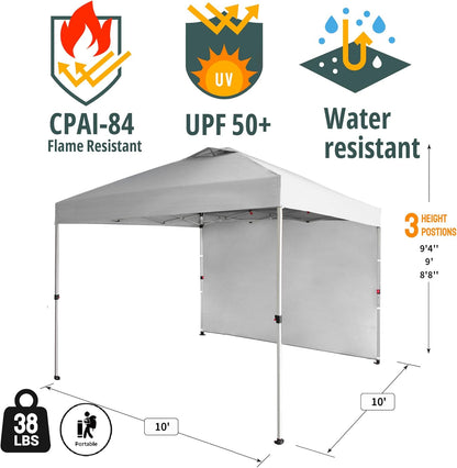 CROWN SHADES 10x10 Pop Up Canopy with 1 Side Wall - Beach Tent with One Push Setup - Outdoor Sun Shade for Events, Parties, Camping - Gazebo with STO-N-Go Cover Bag (White)
