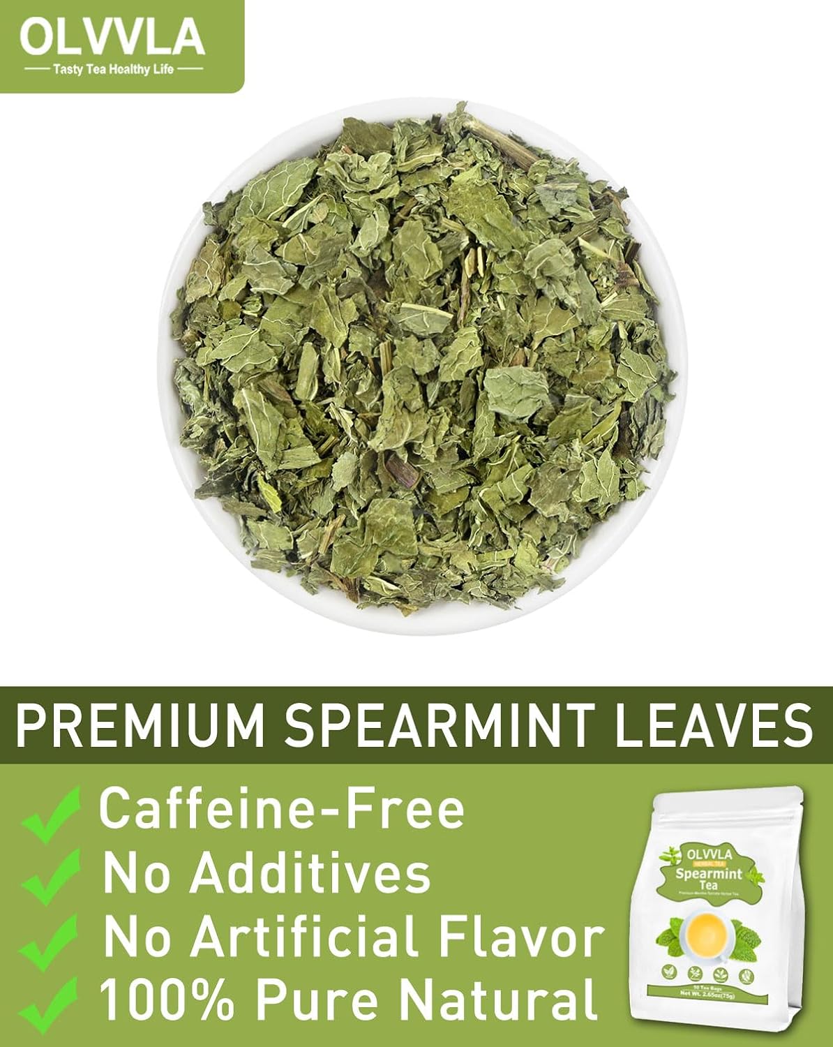 Olvvla - Spearmint Tea Bags - 1.5g X 50 Count - 100% Pure Natural Spearmint Leaves Herbal Tea - Non-GMO - Caffeine-free - Rich in Antioxidants & Promote Relaxation