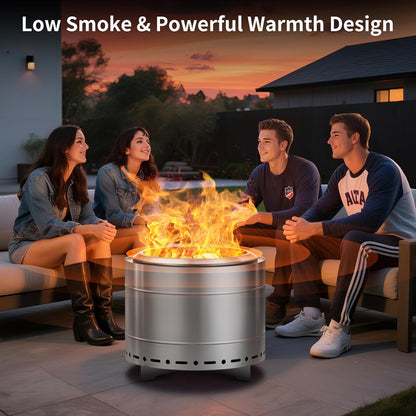 19.5 inch Smokeless Fire Pit with Carry Bag, Stainless Steel Outdoor Smokeless Firepit, Wood Burning Fire Pits for Camping, Bonfire,Low Smoke Firepit for Outside(Silver)