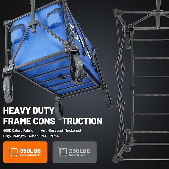 EchoSmile Collapsible Foldable Wagon Cart with 350lbs Weight Capacity, Heavy Duty Folding Utility Sport Wagon with Removeble Wheels for Camping,Grocery,Garden,Beach,Bule