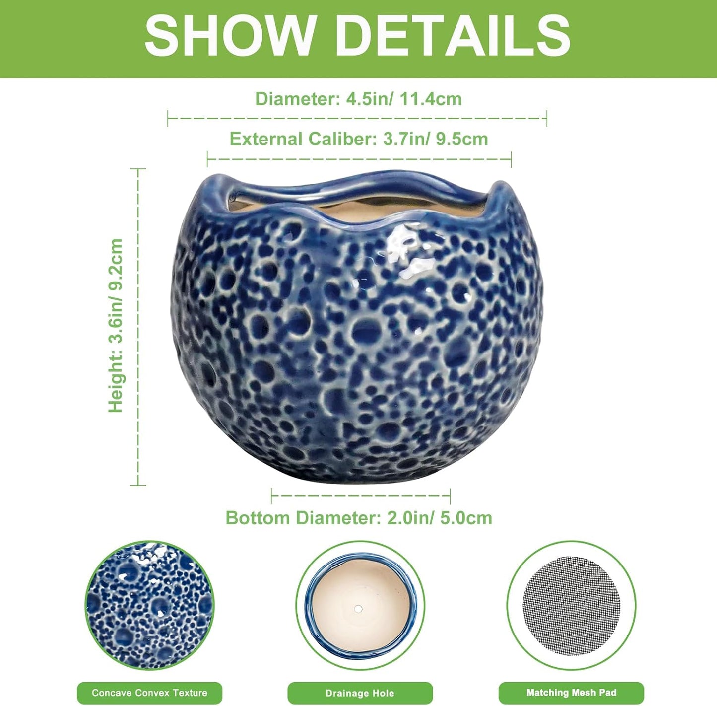 4 inch Plant Pots - Small Ceramic Planter with Drainage Hole, Succulent Pots for Indoor Outdoor, Unique Round Planter, Modern Decorative Flower Pot, Desk Decor, Plant Lovers Gifts, Blue