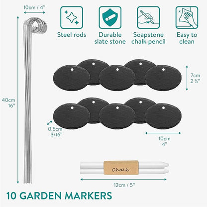 Navaris Slate Garden Markers (10 Pieces) - Plant Marker Label Signs with Stakes - for Plants, Vegetables, Herbs, Gardens - Includes Chalk Pencils - Oval