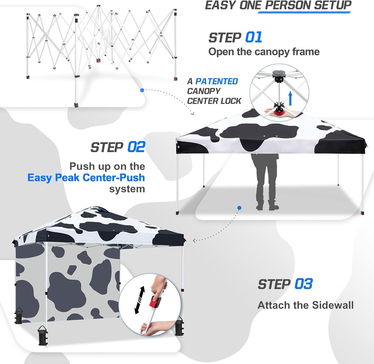 EAGLE PEAK Pop Up Canopy Tent with 1 Sidewall, Easy Setup Event Tent, Outdoor Sun Shade, Wheeled Carry Bag, Stakes and Guy Ropes, Instant Canopy 10x10, Cow Print