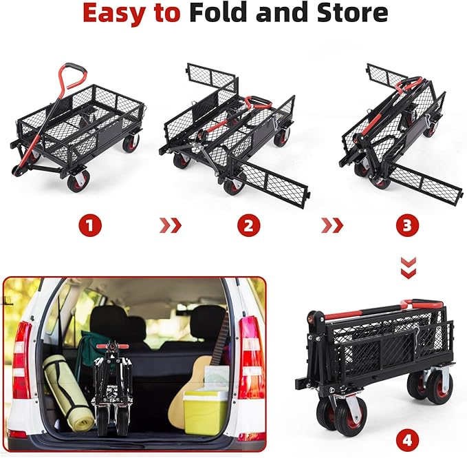 GarveeLife 360 LBS Foldable Steel Garden Cart, Yard & Garden Utility Wagon w Removable Mesh Sides, Collapsible Metal Utility Wagon Cart with 180° Rotating Handle for Garden, Farm, Yard