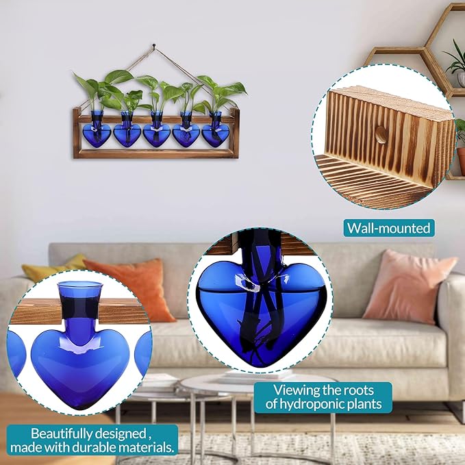 Plant Terrarium Hanging Propagation Stations Gift for Women Air Plants Holder with Wooden Stand Heart Glass