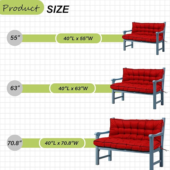 Swing Replacement Cushions with Backrest, 2 or 3 Seater Waterproof Non-Slip Overstuffed Swing Pad, Indoor/Outdoor Bench Cushion for Porch Chair Swing Garden Furniture (Red, 40 * 70.8in)