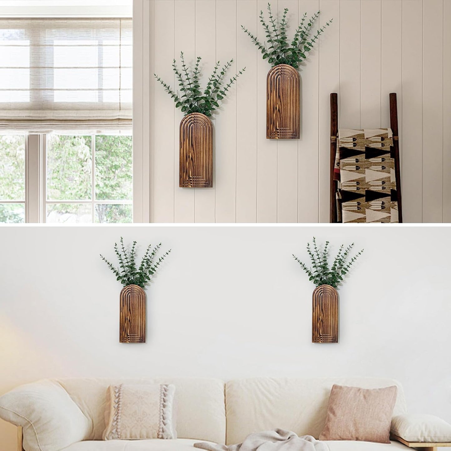 Wooden Wall Planter Vase Set of 2, Boho Hanging Planter for Indoor Plants & Flowers, Natural Wood Wall-Mounted Planters for Art Home Decor - Living Room, Bedroom, Bathroom, Patio (Brown)
