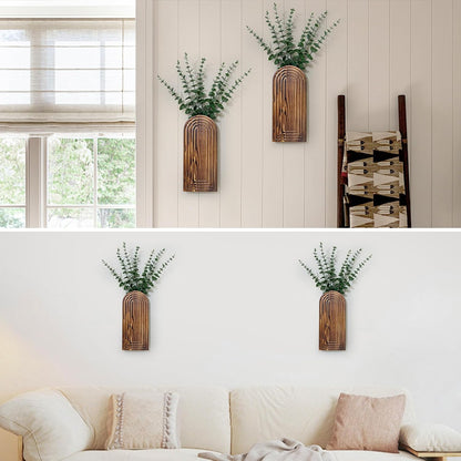 Wooden Wall Planter Vase Set of 2, Boho Hanging Planter for Indoor Plants & Flowers, Natural Wood Wall-Mounted Planters for Art Home Decor - Living Room, Bedroom, Bathroom, Patio (Brown)