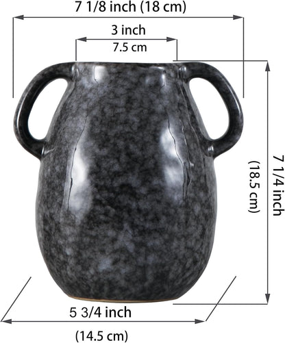 Ceramic Modern Farmhouse Vase with 2 Handles, Black Ceramic Vases for Home Decor, Rustic Pottery Vase, Decorative Terracotta Flower Vase, Boho Clay Vase for Table Living Room Shelf Mantel Decor