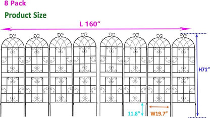 8 Pack Metal Garden Trellis 71" H Garden Fence Rustproof Trellis for Climbing Plants Support Roses Flower Outdoor Lawn Black