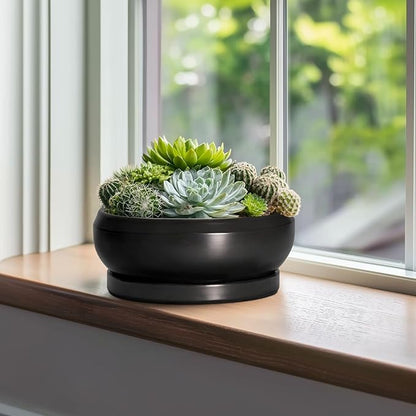 Bonsai Pots 10 Inch - Ceramic Succulent Planters Indoor Outdoor, Bonsai Pots with Drainage Hole and Tray, Modern Shallow Planter, Round Bowl Planter, Garden Decor, Garden Gift, Black