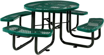 Global Industrial 46" Round Picnic Table, Expanded Metal, Green Thermoplastic Coating, Attached Benches, 1-1/2” Umbrella Pole Hole, Outdoor-Rated, 1000 lb Capacity