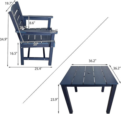 Poly Lumber Patio Dining Set, HIPS Outdoor 36.2-Inches Dining Table and Ladder Back Chairs, with Umbrella Hole, Weather Resistant (5 Piece, Navy Blue)