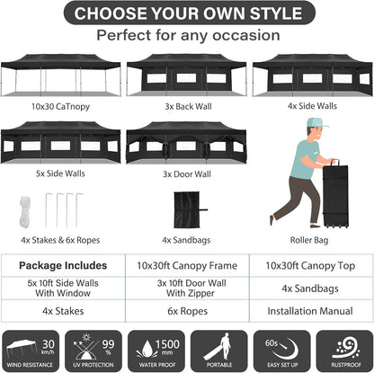 COBIZI 10x30 Pop up Canopy Heavy Duty with 8 Sidewalls, Easy Set-up Commercial Outdoor Party, 100% Waterproof Wedding Canopy Gazebo, 3 Height Adjustable with Wheeled Bag, Black