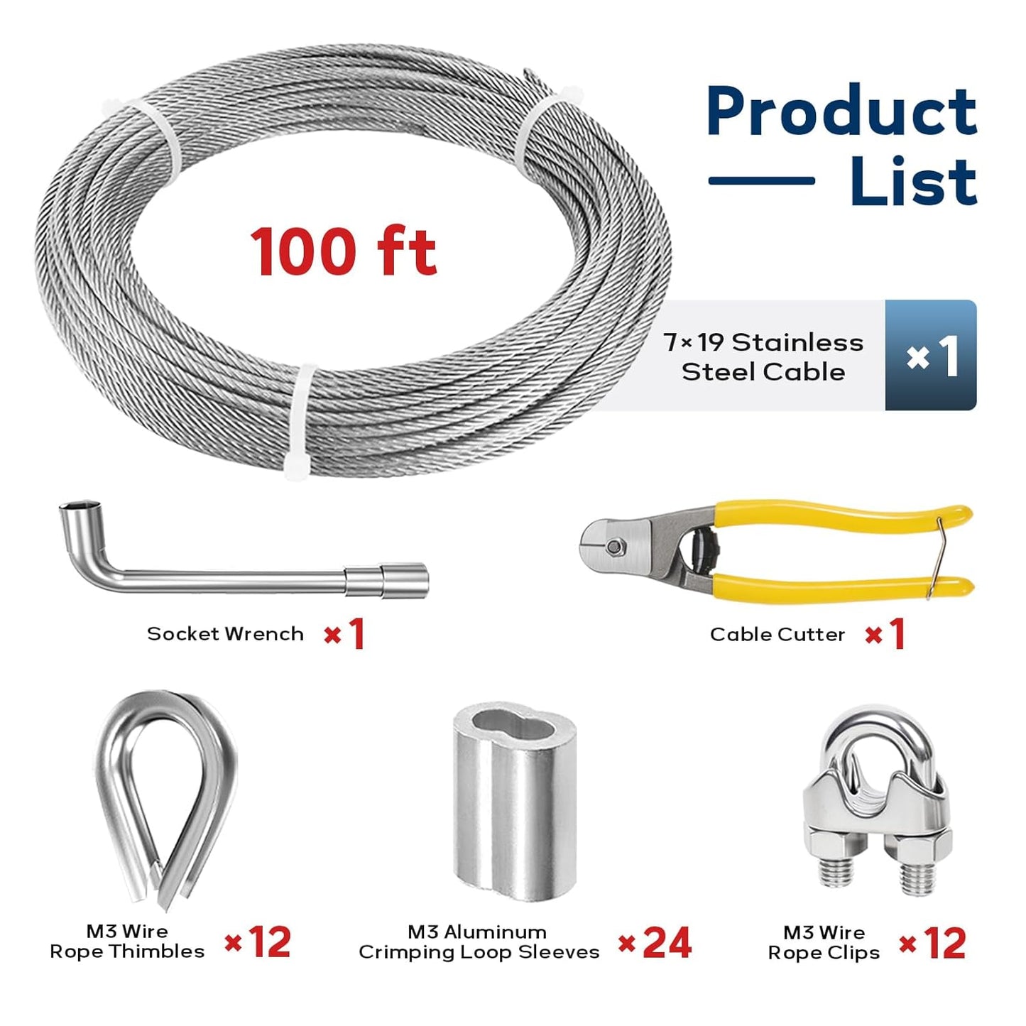 1/8 Inch Stainless Steel Cable 100FT, 7x19 Strand Wire Rope Kit with Thimbles, Clips & Aluminium Sleeves for Plants Climbing, Deck Fence Railing, String Light Haning and DIY Projects