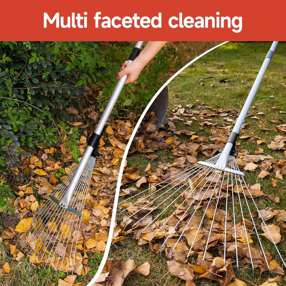 Adjustable Garden Metal Rake -32 to 63 Inch ,Hand Weed Collapsible Camping Landscape Dethatcher Rake for Leaves Shrub Yard Lawns,Leveling Yard Tool,Black