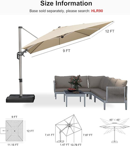 PURPLE LEAF 9' X 12' Left-right Tilting Patio Umbrella Outdoor Swivel Cantilever Umbrella Aluminum Offset Umbrella with Champagne Frame and 360-degree Rotation for Garden Deck Pool, Beige