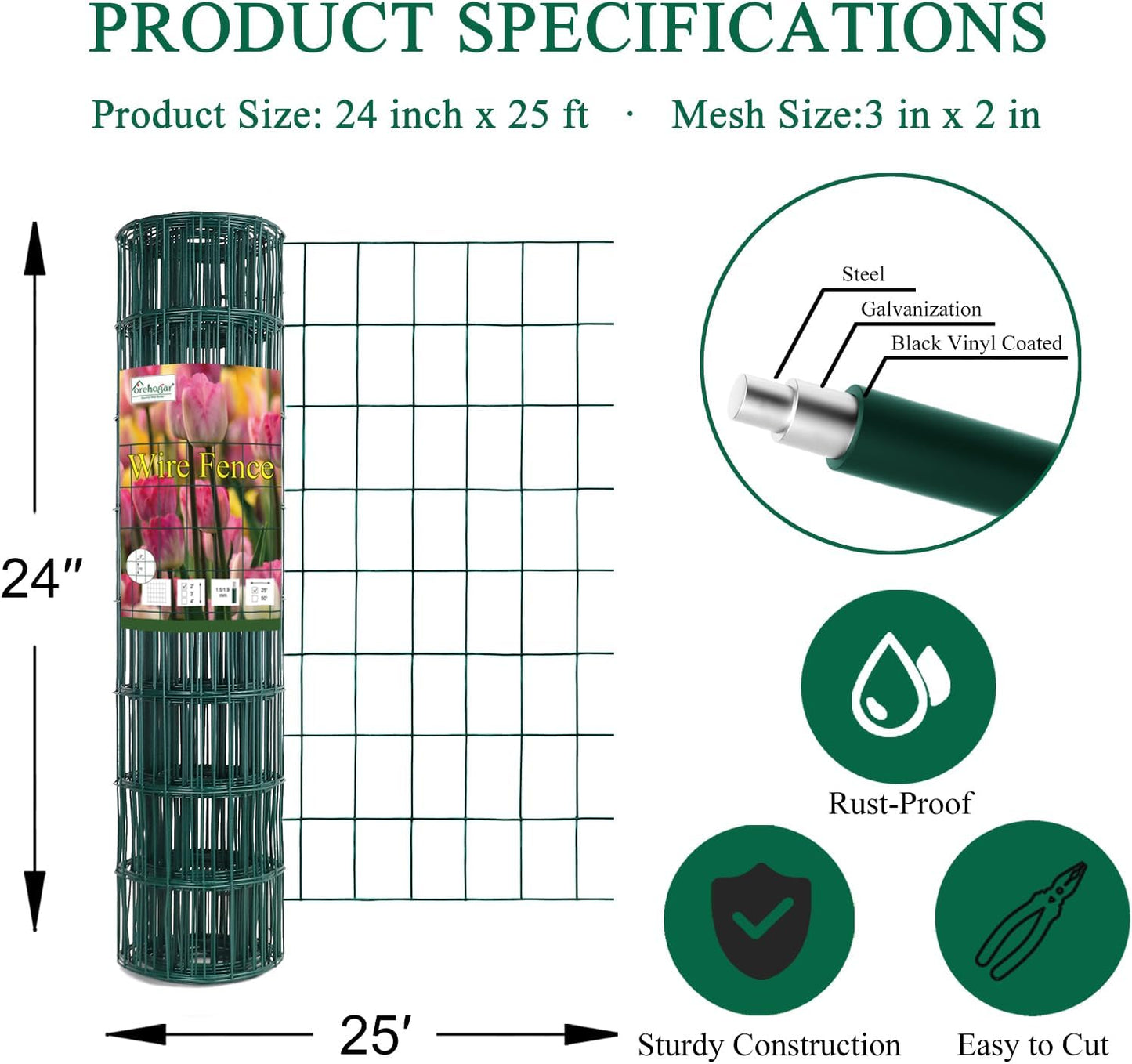 Green PVC Coated Welded Wire Fence 24 Inch x 25 Foot, 2 Inch x 3 Inch 16GA, Garden Border Fencing Roll Vinyl Coating Metal Wire Mesh for Yard Vegetable Plant Protection Poultry Netting