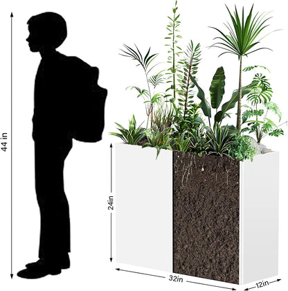 Heavy-Duty Galvanized Steel Planter with Removable Insert Shelf & 4 Drainage Holes - 32x12x24 Inches Large Size Outdoor/Indoor Garden Pot, White