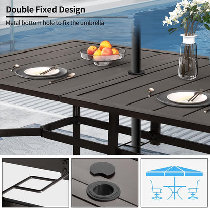 Outdoor Metal Steel Rectangle Patio Dining Table, 6 Person Patio Table with Adjustable Umbrella Hole, Weather-Resistant for Garden Backyard Porch, Dark Brown