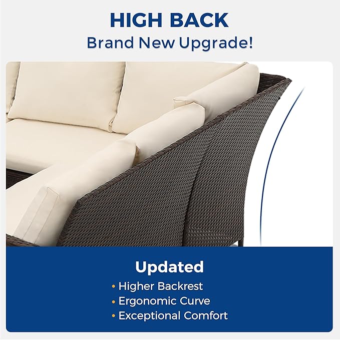 Wisteria Lane Patio Furniture Set, 7 Piece High Curved Back Outdoor Dining Sectional Sofa with Dining Table and Chair, All Weather Wicker Conversation Set with Ottoman, Ivory